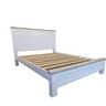 White wooden bed frame with slatted bed base on a white background