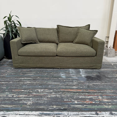 Violet Sofa Bed — olive khaki fabric three seater with scatter cushions