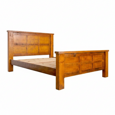 Wooden bed frame with a rustic design on a white background