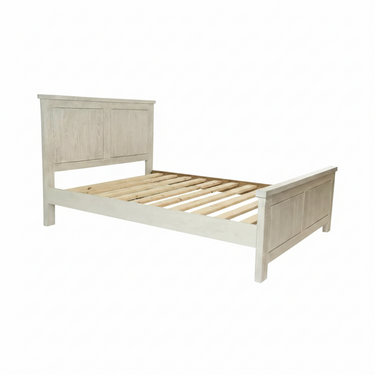 Wooden bed frame with slats on a white background