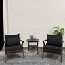 Angled outdoor patio view showing two armchairs and side table from the Contemporary set.