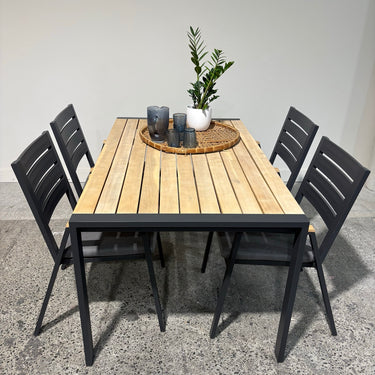 Kartini 5-Piece Outdoor Dining Set in natural timber and charcoal anodised aluminium, front view