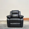 Black leather manual recliner chair photographed front on in a modern lounge setting