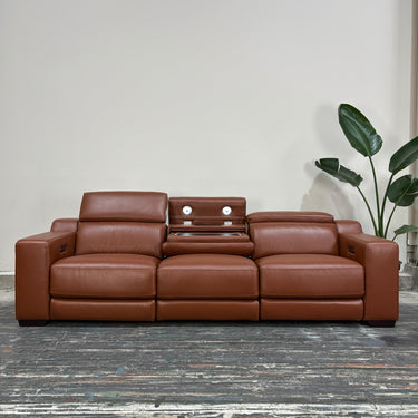 Zara 3.5 Seater Leather Dual Power Recliner Sofa with Console | Rich Tan