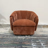 Camille Swivel Armchair — terracotta chenille barrel-back with concealed swivel base