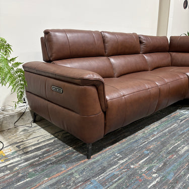 Moose Leather Corner with Power Recliner Headrest & Chaise | Brown chestnut