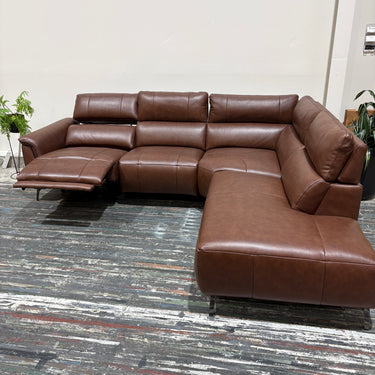 Moose Leather Corner with Power Recliner Headrest & Chaise | Brown chestnut
