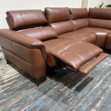 Moose Leather Corner with Power Recliner Headrest & Chaise | Brown chestnut
