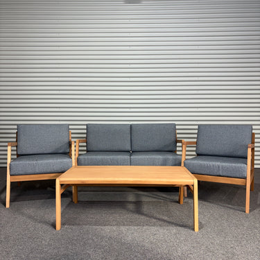 Clea Outdoor Lounge Set – 4 Piece | Natural Eucalyptus & Grey Cushions