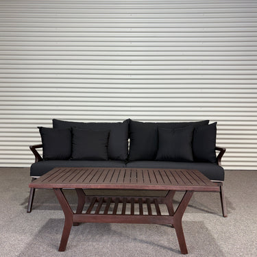 Contemporary Outdoor 2-Seater with Coffee Table | Eucalyptus & Black Cushions