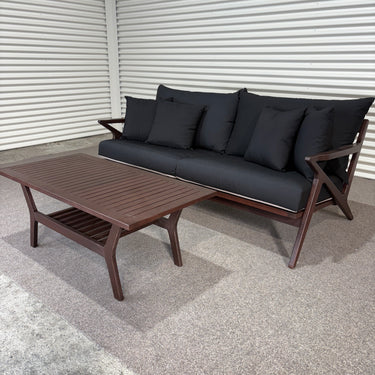 Contemporary Outdoor 2-Seater with Coffee Table | Eucalyptus & Black Cushions