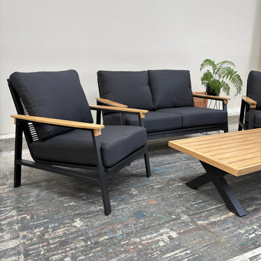 Emilie Outdoor Lounge Set – 4 Piece | Charcoal Aluminium / Black Cushions / Natural Timber-Look