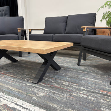 Emilie Outdoor Lounge Set – 4 Piece | Charcoal Aluminium / Black Cushions / Natural Timber-Look