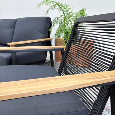 Emilie Outdoor Lounge Set – 4 Piece | Charcoal Aluminium / Black Cushions / Natural Timber-Look