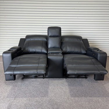 Vianella 2-Seater Leather Dual Power Recliner with Console Sofa | Black Leather