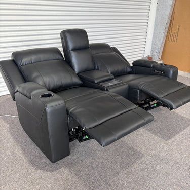 Vianella 2-Seater Leather Dual Power Recliner with Console Sofa | Black Leather