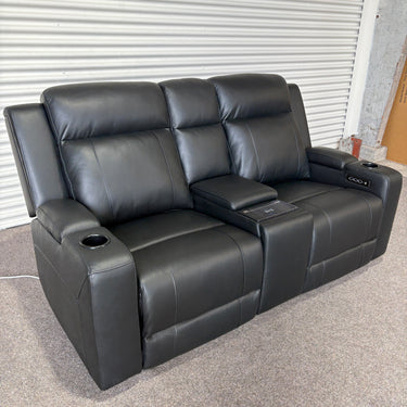 Vianella 2-Seater Leather Dual Power Recliner with Console Sofa | Black Leather