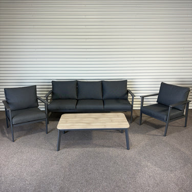 Palm Outdoor Lounge Set – 4 Piece | Charcoal Aluminium / Dark Grey Cushions / Light Oak-Look Tabletop
