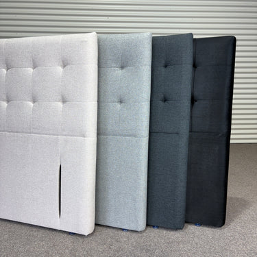 Boston Headboard range in all four colours displayed together. panel-tufted upholstered headboards in Charcoal, Black, Beige, and Light Grey