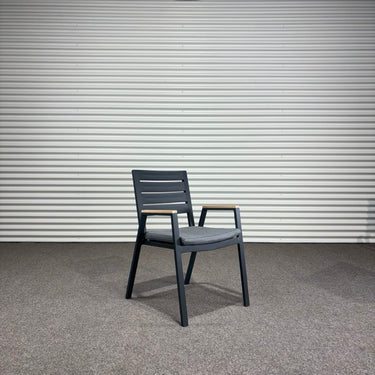 Kartini Outdoor Dining Chair with Wood Finish Arms | Charcoal Aluminium / Light Grey Fabric