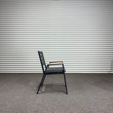 Kartini Outdoor Dining Chair with Wood Finish Arms | Charcoal Aluminium / Light Grey Fabric
