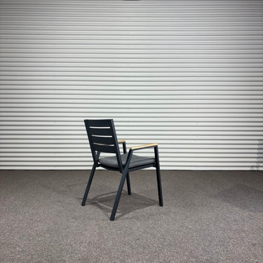 Kartini Outdoor Dining Chair with Wood Finish Arms | Charcoal Aluminium / Light Grey Fabric